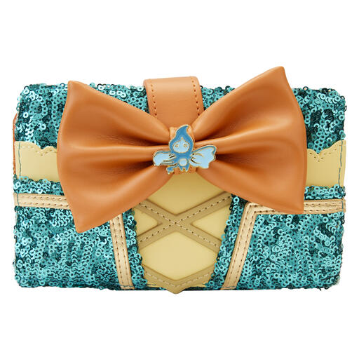 Wallet with the same design as Merida's dress with dark green sequins on the front and back and an orange bow on the front with a will-o'-the-wisp charm.